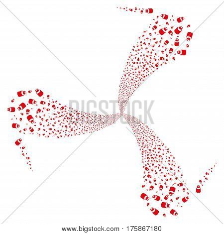 Vial fireworks swirl rotation. Vector illustration style is flat red iconic symbols on a white background. Object whirlpool done from random pictograms.