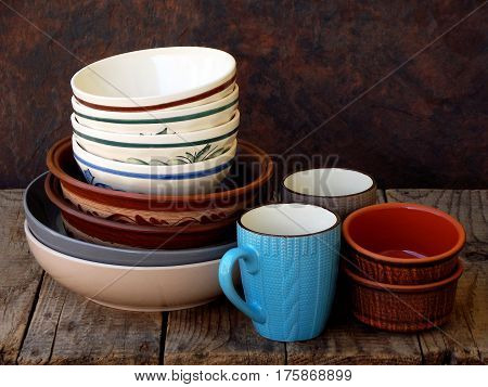 Ceramic, Clay Empty Handmade Bowl, Dishes And Cup On Wooden Background. Different Pottery Earthenwar