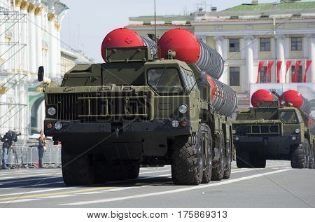 SAINT PETERSBURG, RUSSIA - MAY 05, 2015: Two launchers air defense missile systems s-300PM on the March. Rehearsal of parade in honor of Victory Day in St. Petersburg