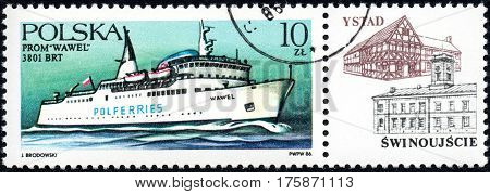 UKRAINE - CIRCA 2017: A stamp printed in POLAND shows Ferryboats Wawel circa 1986