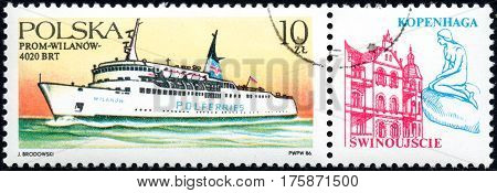 UKRAINE - CIRCA 2017: A stamp printed in POLAND shows Ferryboats Wilanow circa 1986