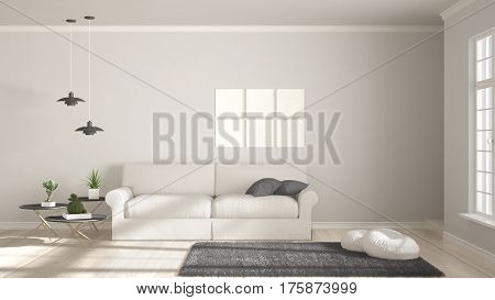 Minimalist Room, Simple White And Gray Living With Big Window, Scandinavian Classic Interior Design