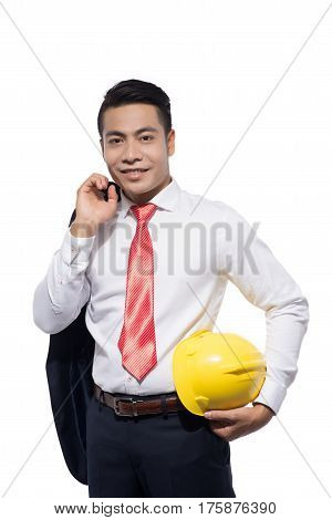architect professional isolated engineer young white hard businessman business man male construction background happy portrait person adult caucasian one industry safety success job hat confident helmet asian cut out