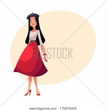 Young French woman dressed in Parisian style, cartoon vector illustration with place for text. Full length portrait of Parisian woman in black French beret, midi red skirt and high heels