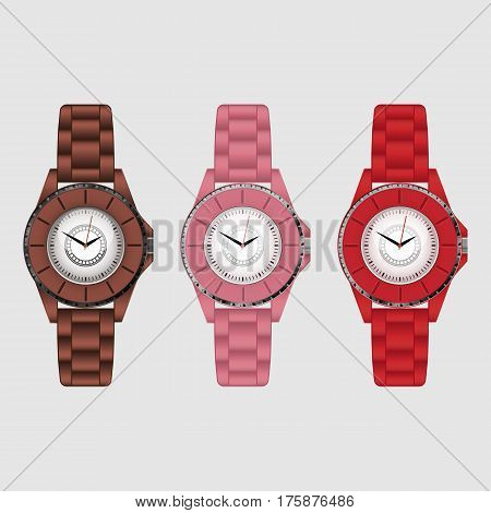 Set of three silicone colorful vector wristwatches