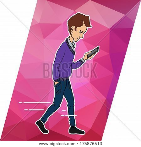 Guy looking at mobile phone apps. Walking guy with a mobile phone. Icons apps in smartphone of guy. Vector person of guy walking and looking at phone. Person with mobile. Online services in smartphone