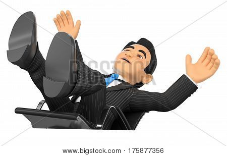 3d business people illustration. Businessman scared falling off his office chair. Isolated white background.