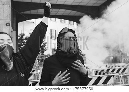 MILAN ITALY - MARCH 8: Secondary school students take part in a march to celebrate the International Women's Day on MARCH 8 2017 in Milan.