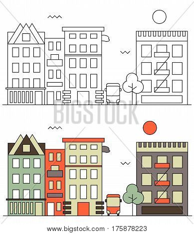 Modern street scenery in flat and outline design style. Residential district with building of bank, cinema or market, trees and houses