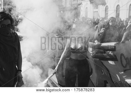 MILAN ITALY - MARCH 8: Secondary school students take part in a march to celebrate the International Women's Day on MARCH 8 2017 in Milan.