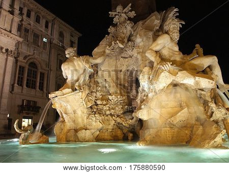 Trevi Fountain In Rome By Night