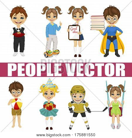 Set of diverse kids on white background. Hockey player, superhero, schoolgirl, schooter, birthday gift, ring bearer