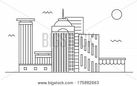 Modern street scenery in flat design style. Residential or business district with park and small coffeehouse or shop