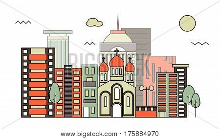 Modern street scenery in flat design style. Residential or business district with church