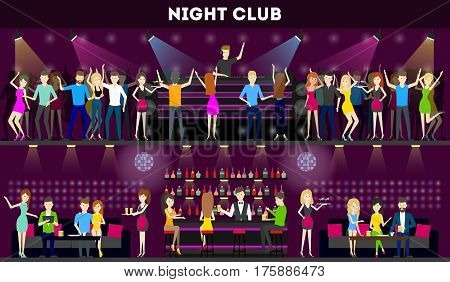 Night club interior set. Moder syle club with bar and dance hall. Dj plays music, people dance.