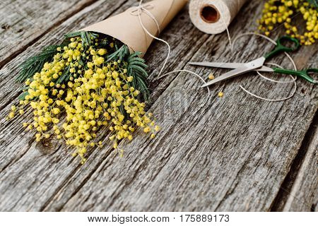 Make bouquet of mimosa. bandages twine and scissors on rustic wooden table. Copy space for text. top view