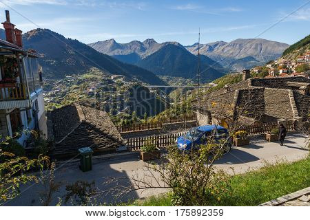 METSOVO, EPIRUS, GREECE - OCTOBER 19 2013: Panoramic view of village of Metsovo near city of Ioannina, Epirus Region, Greece