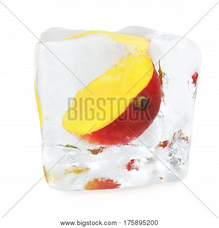 Slice Mango frozen in ice cube, ice cube in front view, single ice cube isolated on white background. 3d rendering