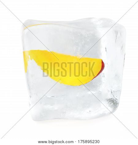 Slice Mango frozen in ice cube, ice cube in front view, single ice cube isolated on white background. 3d rendering