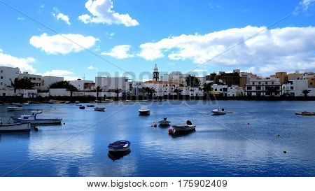 The gorgeous Charco de San Gines with several boats moored in central Arrecife, Lanzarote.