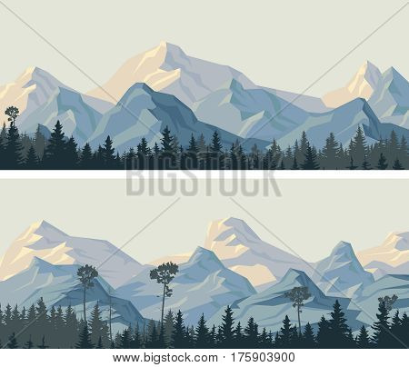 Set of horizontal wide banners rocky snowy mountains and coniferous forest.