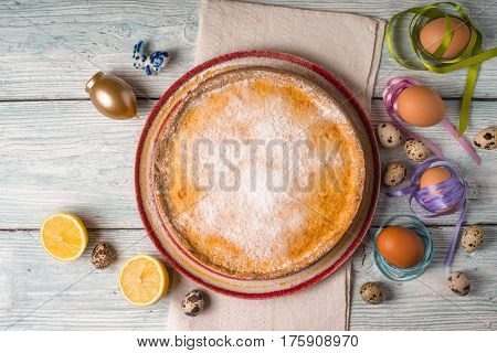 German Easter cake and eggs on a napkin horizontal