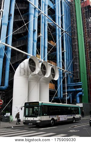 PARIS, FRANCE - FEBRUARY 26, 2010: The Pompidou Centre is a complex building in the Beaubourg area of the 4th arrondissement. It houses the Public Information Library and the museum of Modern art.