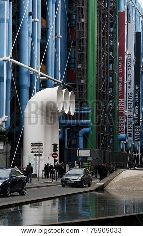 PARIS, FRANCE - FEBRUARY 26, 2010: The Pompidou Centre is a complex building in the Beaubourg area of the 4th arrondissement. It houses the Public Information Library and the museum of Modern art.