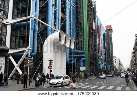 PARIS, FRANCE - FEBRUARY 26, 2010: The Pompidou Centre is a complex building in the Beaubourg area of the 4th arrondissement. It houses the Public Information Library and the museum of Modern art.