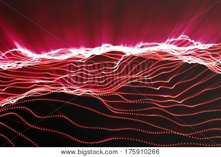Landscape background. Cyberspace landscape grid. 3d technology. Abstract red landscape on black background with light rays, 3d rendering