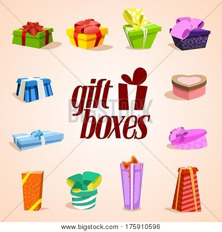 Set of colorful gift boxes. Gift box vector. Gift box isolated. Gift box collection. Cute illustration of gift box. Present, greeting, surprise. Greeting box. Wrap gift box.
