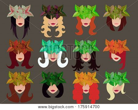 Set of female faces with different hairstyles and colorful wreaths and with different lip color