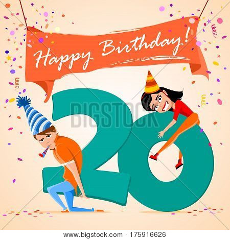 confused boy holding the number 20 on a colorful background. banner Happy Birthday. vector illustration.