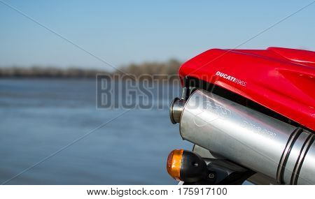 Senta Serbia: March 4th 2017. Ducati 996s motorcycle exhaust, photographed outdoor besides river Tisa