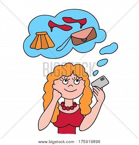 Vector illustration of smiling young woman holding credit cards and planning fashion shopping.