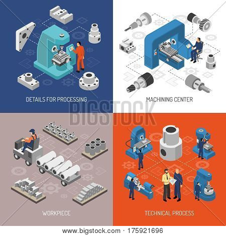 Heavy industry isometric design concept with details and work pieces technical process machining center isolated vector illustration