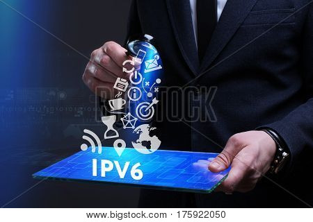 Business, Technology, Internet And Network Concept. Young Businessman Working On A Virtual Screen Of