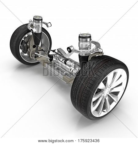 Electric Car Front Axle with new tire isolated on white background. 3D illustration