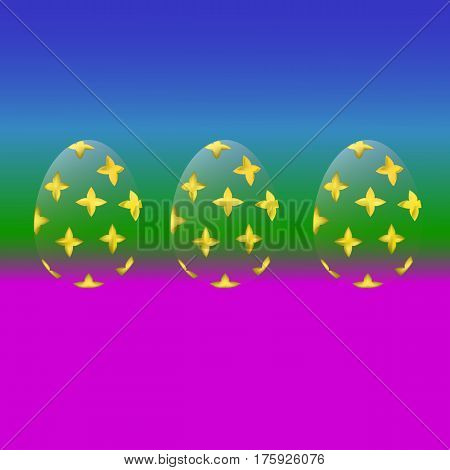 Transparent Easter eggs with a gold pattern on a blue gradient background