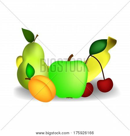 pear, Apple, cherry, banana and apricot on a white background
