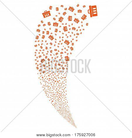 Analysis random fireworks stream. Vector illustration style is flat orange iconic symbols on a white background. Object fountain created from scattered pictograms.