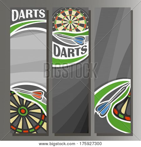 Vector Vertical Banners for Darts board: 3 cartoon template for title text on dart Dartboard theme, arrow throwing in target dartboard goal, abstract vertical banner for inscription on grey background