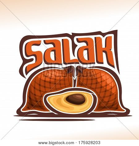 Vector logo Salak Fruit: still life of 3 whole and cut slice salak, group fresh asian brown exotic snake fruits, abstract cartoon icon zalacca or salacca with title text for label, isolated on white.