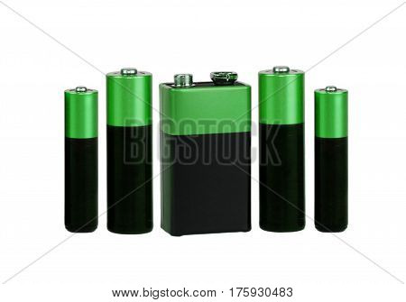 Many Different  green  batteries, type AAA, type AA, type PP3, white background, isolated