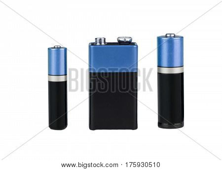 Different batteries, type AAA, type AA, type PP3, white background, isolated