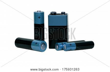 Many Different batteries, type AAA, type AA, type PP3, white background, isolated