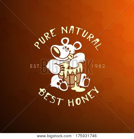 vector funny label with a bear that eats honey from a barrel