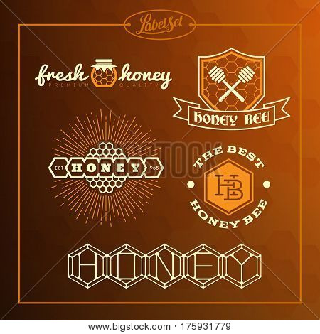 Templates for badges labels tags for honey bee product. Set 9. Vector illustration.