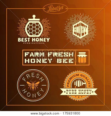 Templates for badges labels tags for honey bee product. Set 10. Vector illustration.
