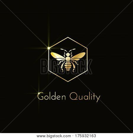 Shining logo with a bee in a hexagon. Vector illustration.